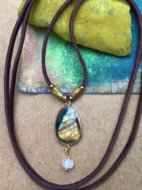 Natural Labradorite Moonstone leather suede cord Sundance Charm Necklace SALE